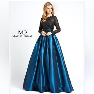 Mac Duggal Sequined High-Neck Illusion Long-Sleeve Taffeta Ball Gown 62883D Teal